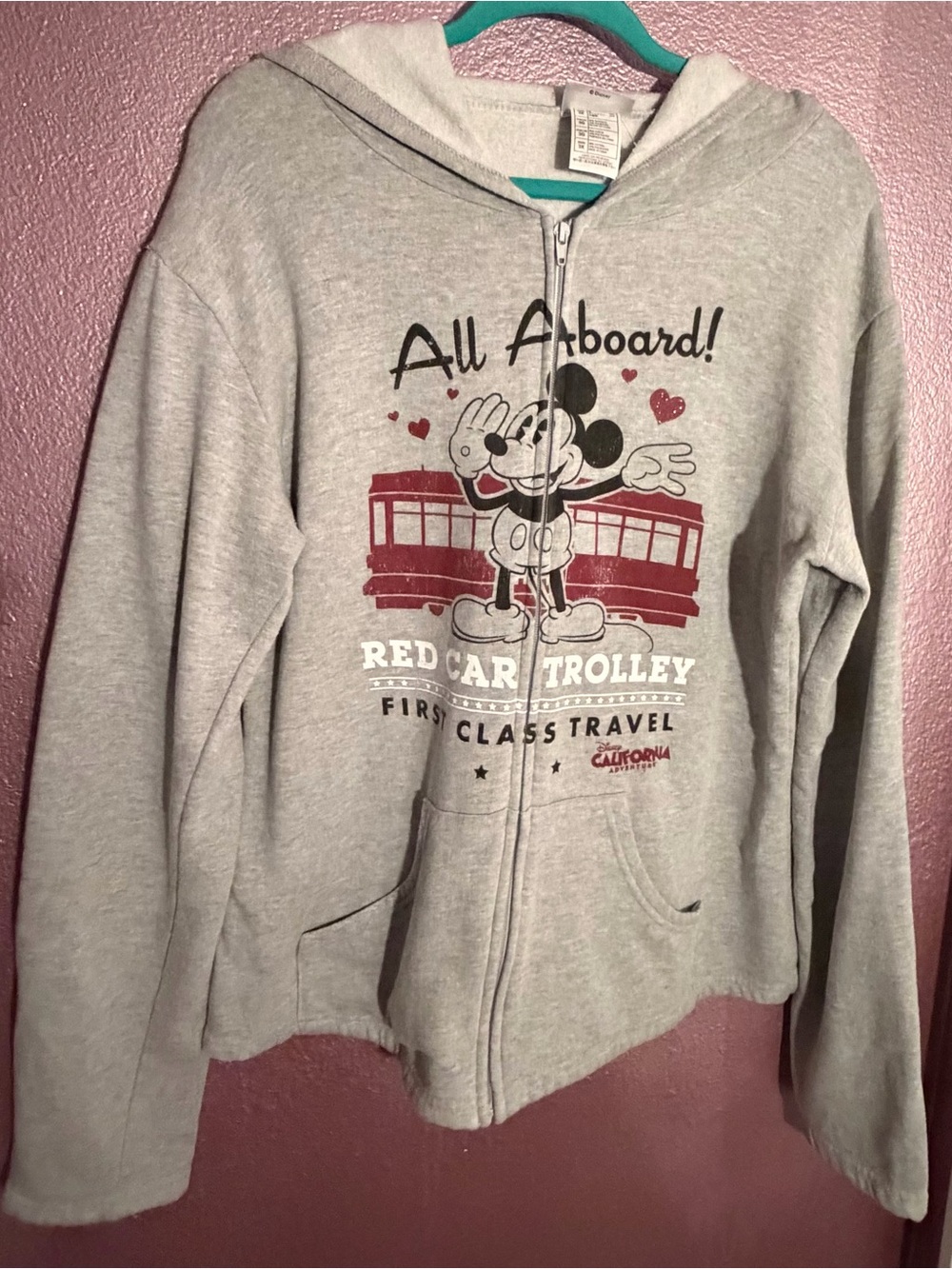 Disney Grey Zip-Up Hoodie with Red Trolley Mickey Graphic